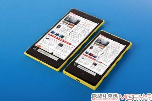 Lumia 1520（左）与Lumia 1020（右）在浏览网页上的体验差别很大，主要是因为文字显示对于精细度的要求很高，这恰好放大了两者之间在屏幕上的硬件差异。